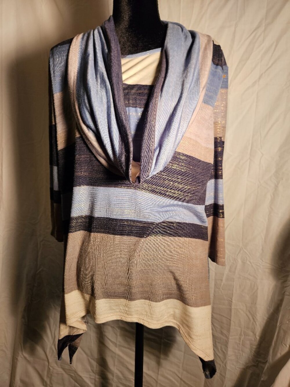 Dressy Coco Bianco - Striped Gold Metallic Cowl Neck Stretch Top Sz L / XL